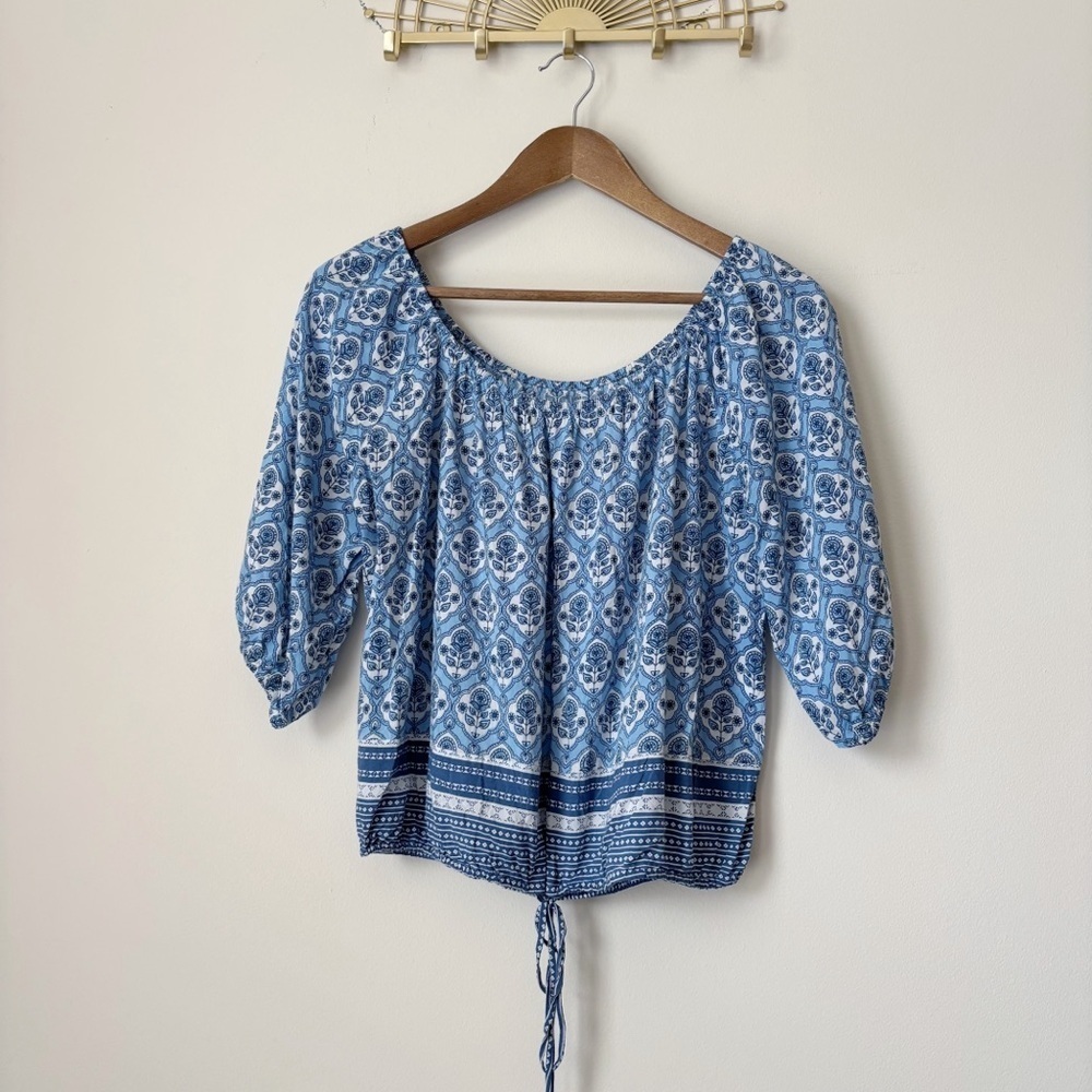 Faithfull The Brand Coastal Blue Floral Off Shoulder Top Medium